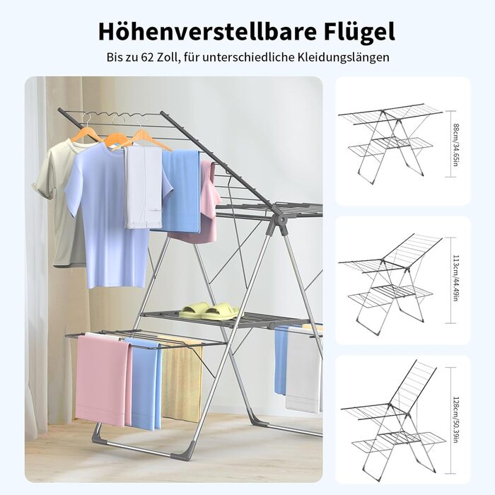 Сушарка для білизни Innotic - розкладна, портативна, з 4 крилами, регульована по висоті, для балкону та дому (сіра)