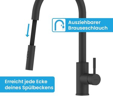 Кухонний змішувач Bächlein Plivo з нержавіючої сталі (щіткова обробка) – одноручний висувний кран для кухні з поворотним виливом 360° (матова чорна обробка)