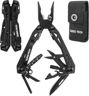 Мультитул Swiss+Tech 16 в 1 з нержавіючої сталі, мультифункціональний інструмент з ножем, відкривачкою та кліпсою для ременя, для кемпінгу та ремонту, з чохлом, чорний