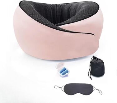 Подушка для шиї Rose - ергономічна, з піною з пам'яті, для подорожей, з маскою для очей та навушниками, рожева