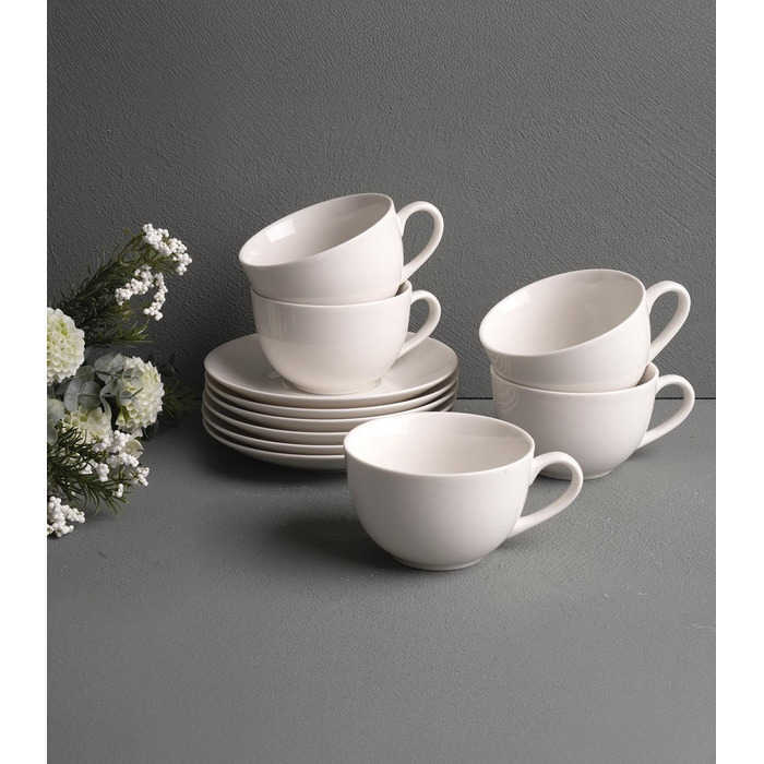 Набір чашок для капучино з блюдцями, Bone China, 220 мл, білі, 8 предметів