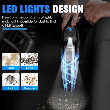 LanBlu Ручний акумуляторний пилосос з док-станцією та LED підсвічуванням 25000Pa. Бездротовий автомобільний пилосос з миючим HEPA-фільтром 120W для дому, кухні, тварин