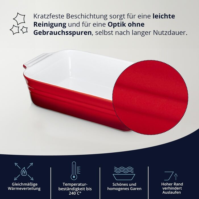Форма для запікання KHG середнього розміру 34 см, 1,75 л, червона, для 3-4 осіб. Прямокутна керамічна форма для запікання з каменю, стійка до подряпин. Підходить для лазаньї, тірамісу та інших запечених страв. 1 шт. (34 см)