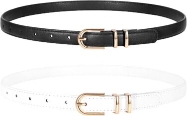 Жіночий тонкий шкіряний ремінь WERFORU (2 шт.) для джинсів та штанів. Ремінь з золотистою пряжкою, довжина 110 см, підходить для талії 80-92 см (чорний+білий)
