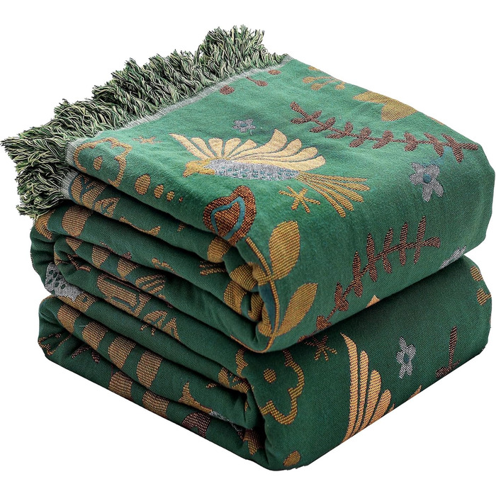 HOORDRY Boho Throw Blanket for Bed - 100% Cotton Ultra Soft Rustic Quilt - Bird Floral Printed Farmhouse Decor Bedspread, 200×230CM All Season Rustic Throw for Sofa Couch Chair Green Bird 200×230CM