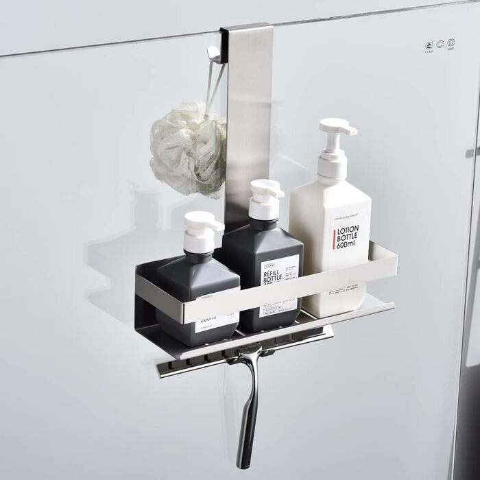 HomeHeng Hanging Shower Shelf, Stainless Steel Hanging Shower Basket, Brushed Nickel Hanging Shower Shelf with Hooks for Glass Shower Enclosure, H30BN-1DH