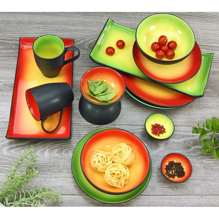 CreaTable Серія HOT GREEN: 16-частинний набір посуду з кераміки, комбінований сервіз, придатний для миття в посудомийній машині та використання в мікрохвильовій печі, преміум-якість
