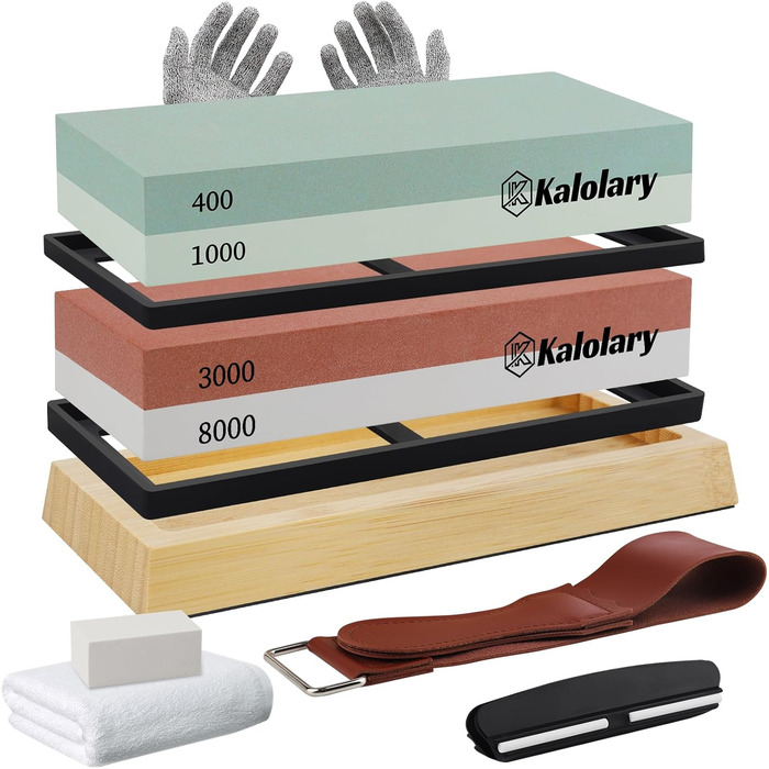 Набір алмазних точильних каменів Kalolary (11 шт.) з двосторонньою зернистістю 400/1000, 3000/8000 для заточування ножів, стамесок, рубанків з кутовою направляючою та неслизькою основою, з шкіряним ременем
