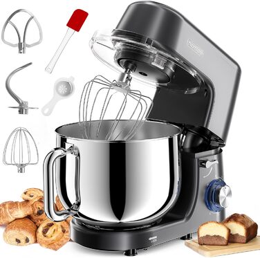 Кухонна машина-міксер 1800W з чашею 7.2L з нержавіючої сталі, 6 швидкостей, низький шум, мультифункціональна (сірий)