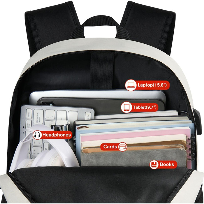 Рюкзак YAMTION 17.3 дюйми для чоловіків та жінок, шкільний/університетський, з USB-портом для зарядки (15.6', Blackbeige)