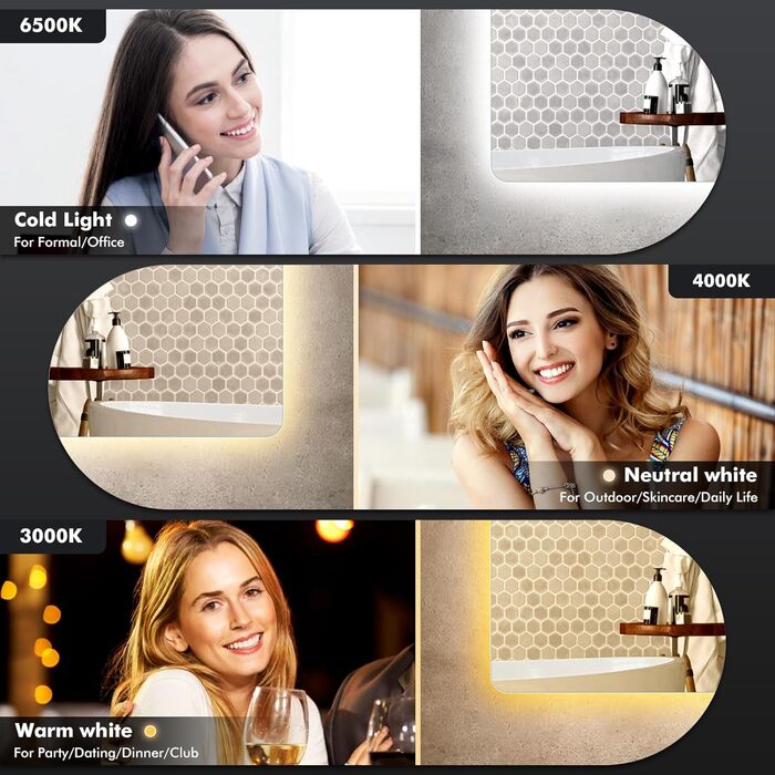 Круглий дзеркало для ванної кімнати з LED-підсвічуванням, 60 см, функція запобігання запотіванню, сенсорне управління & Bluetooth, регулювання яскравості, 3000K/4000K/6500K, HD-загартоване скло, дзеркало для ванної кімнати зі світлом (500*700 мм - крапель