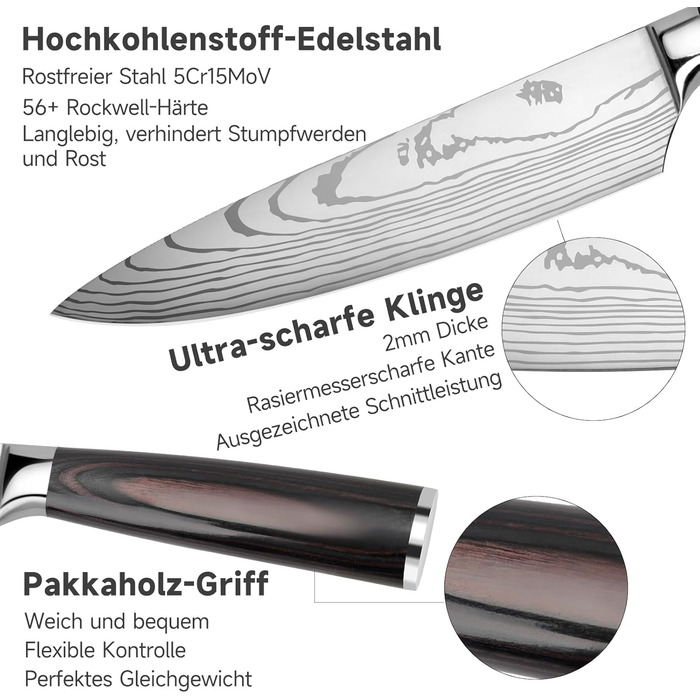 Набір кухонних ножів Gustrug 5 шт. з нержавіючої сталі, ергономічні ручки, професійний набір ножів з кухарським, хлібним, сантоку, універсальним та овочевим ножами, подарункова коробка
