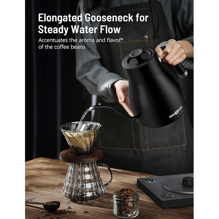 PARIS RHÔNE Swan Neck Electric Kettle with Temperature Control - 0.9L, 24-Hour Keep Warm, Dark Green