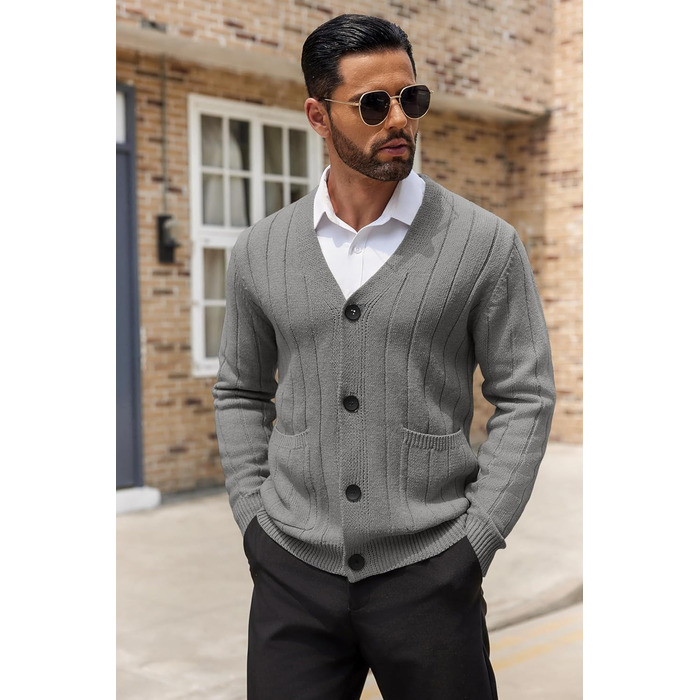 Чоловічий в'язаний кардиган COOFANDY з візерунком коси, V-подібний виріз, ґудзикова застібка, ребристий, з кишенями, сірий (S)