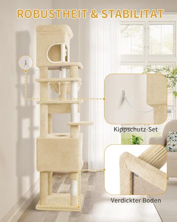 Драбина-кіготь для котів Hzuaneri, 203 см, з великою платформою, 2 печери, 7 кігтеточок, помпони, лежанки, гамак, для всіх порід котів, бежевий MS20318YL XXL (60 x 50 x 203 см)