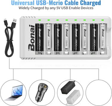 Зарядний пристрій BONAI для акумуляторів AA/AAA NI-MH з LED-дисплеєм та USB-зарядкою, 8 слотів