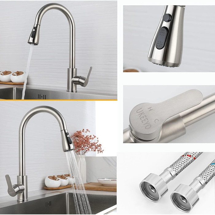 Кухонний змішувач з висувною лійкою, високопродуктивний, з трьома режимами, з нержавіючої сталі, з покриттям 