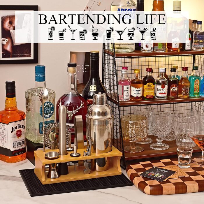 750ml Stainless Steel Cocktail Shaker Set with Bamboo Stand & Recipe Book - 17 Piece Bar Set with Accessories for Bartenders & Gifts