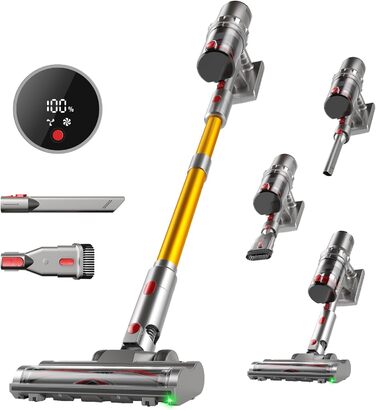 Акумуляторний пилосос Hearten 4-в-1 з LED дисплеєм та антизаплутувальною щіткою, керування одним дотиком, бездротовий пилосос з LED-підсвічуванням для шерсті тварин/килимів/твердих поверхонь (жовтий)