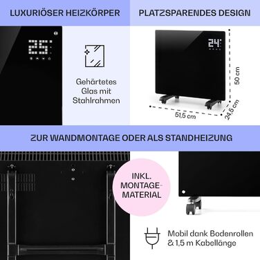 Klarstein Electric Heater, Convector Heater with Casters, Mobile Electric Heater Energy-Saving, Slim, Quiet Electric Heater, Standalone Electric Radiator with Thermostat, 2000 W Black Bornholm