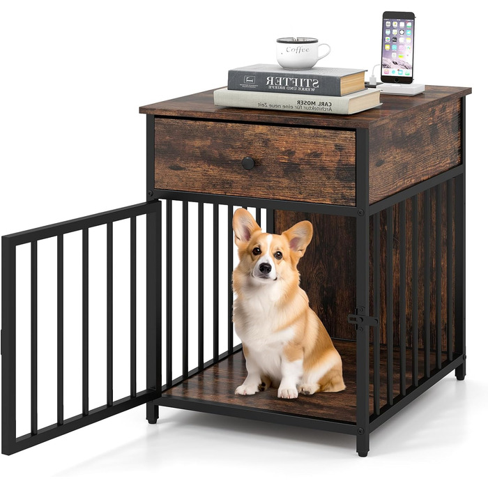 Клітка для собак COSTWAY, вольєр для собак з зарядною станцією, дверцятами, ящиком та металевими трубами, собача будка, приліжкова тумбочка, для маленьких та середніх собак, вінтажний коричневий, 50 x 60 x 64 см