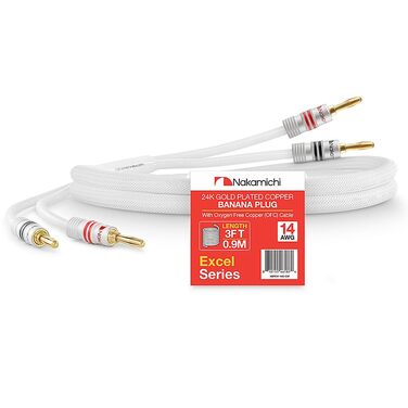 Акустичний кабель Nakamichi 12AWG з 24K позолоченими банановими роз'ємами, 3м, безкиснева мідь (OFC), в обплетенні, чорний — для домашнього кінотеатру та підсилювача