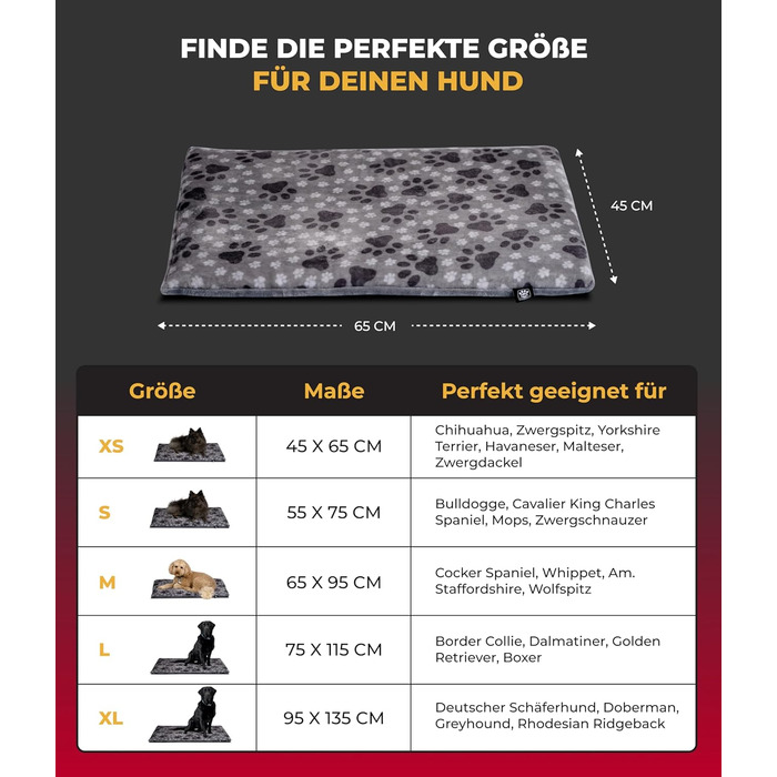Підстилка для собак XS (45x65 см) – двостороння та зручна з наповнювачем 3 см – ідеальна для дивану, авто та переноски – лапка сірого кольору, Made in Germany 45 x 65 см, сіра лапка