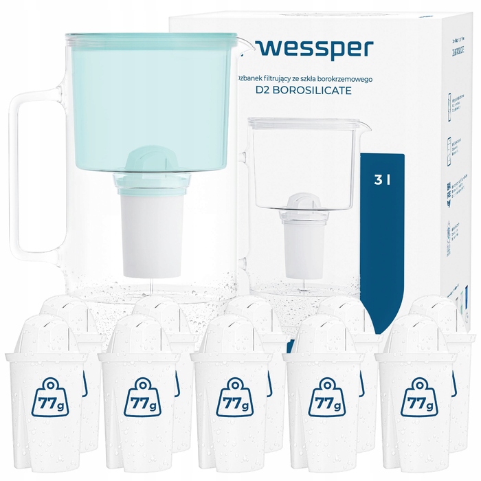 Скляний фільтрувальний глечик Wessper D2 BOROSILICATE 3л, м'ятний + 11 фільтрів