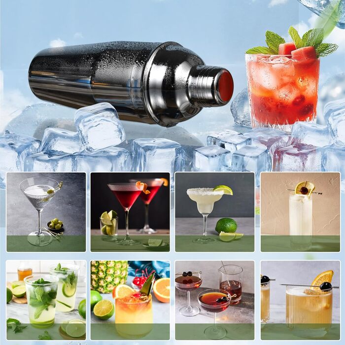 Набір для коктейлів з бамбуковим стійкою, 750 мл, 12 предметів. Професійний набір бармена з нержавіючої сталі для приготування коктейлів, з рецептами (сірий)