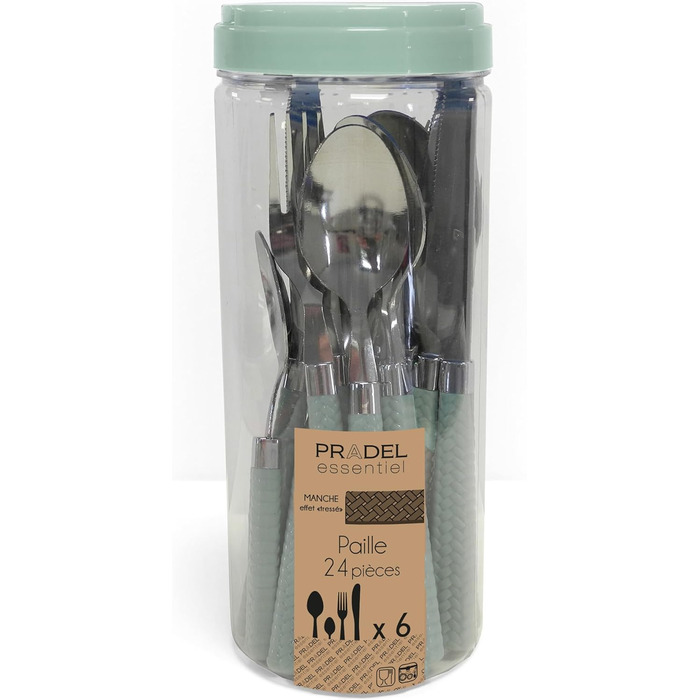 Amefa PAILLE Cutlery Set, 24-Piece | Cutlery Set for 6 People | Stainless Steel, Dishwasher Safe | Cutlery with Colorful Handles in Pastel Green | Dinner Cutlery