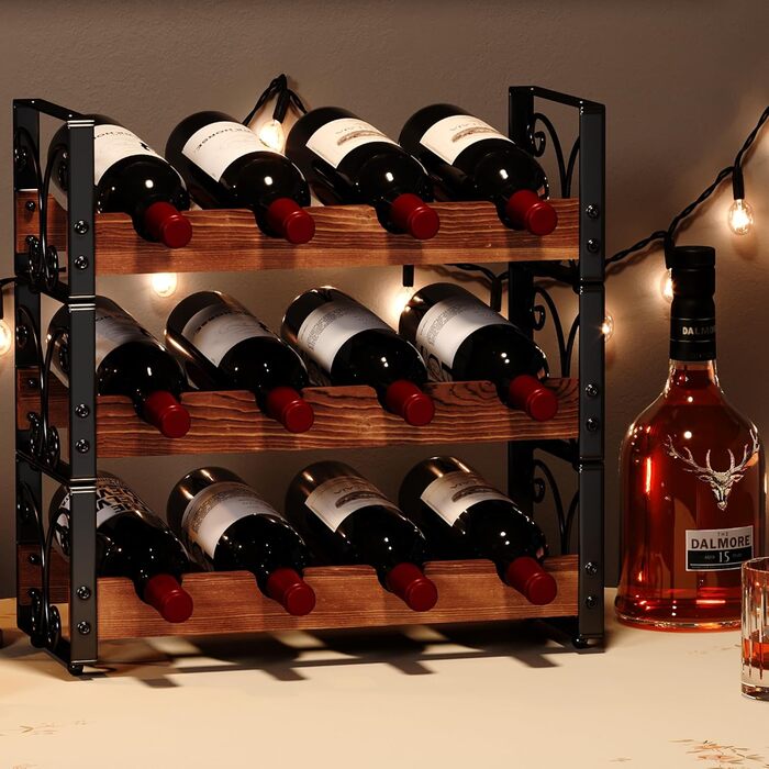 Rustic 3-Tier Stackable Wine Rack Freestanding 12 Bottle Organizer Holder Stand Countertop Liquor Storage Shelf Solid Wood & Iron 16.5