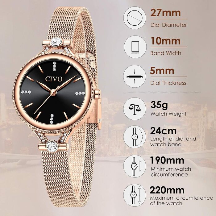 Жіночий кварцовий годинник CIVO A-4 Rosegold: мінімалістичний аналоговий годинник на шкіряному ремінці, водонепроникний