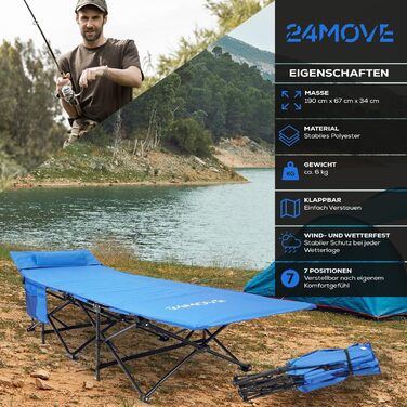 Розкладне ліжко-спальник 24MOVE® для кемпінгу та відпочинку на природі, 190 x 67 x 34 см, блакитне