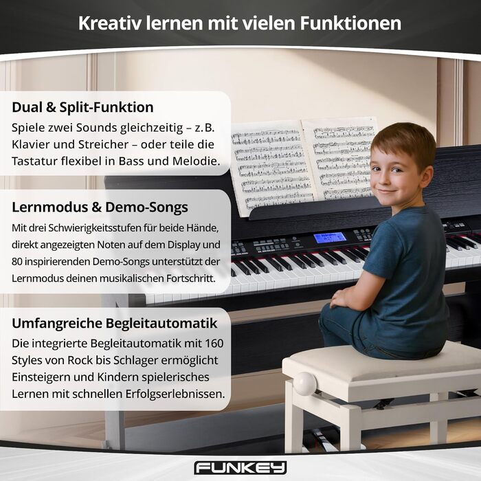 FunKey DP-88 II Цифрове піаніно: 88 клавіш, поліфонія 128, 360 звуків, 160 стилів, MP3-плеєр, функція навчання, запис та відтворення, 3 педалі, чорний колір