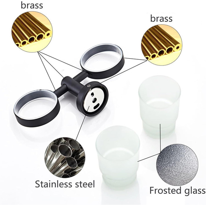 SXLSZ Matte Black Toothbrush Holder Wall Mounted, with 2 x Frosted Glass Toothbrush Cups/Mouthwash Cups, Electric Toothbrush Holder Set, Bathroom Accessories Toothbrush Cups