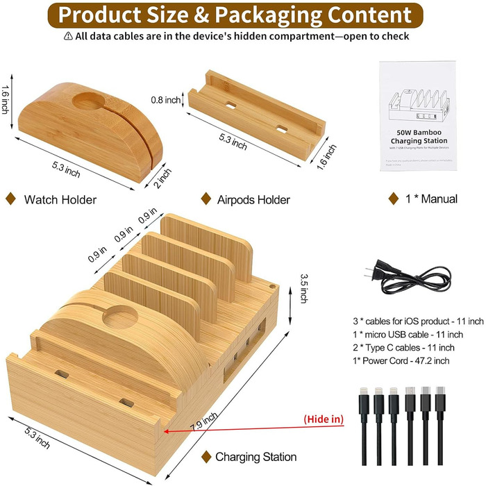 Багатофункціональна заряджна станція 5-в-1 з бездротовою зарядкою, світлом та годинником, бамбук, сумісна з годинниками, AirPods, Samsung Galaxy та іншими пристроями