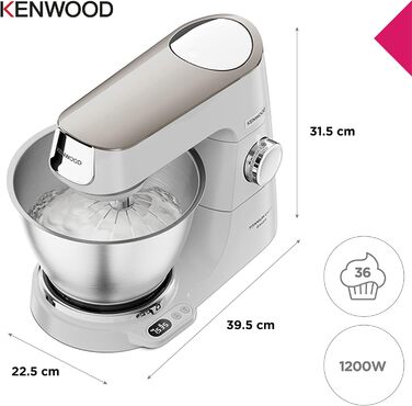 Кухонна машина Kenwood Titanium Chef Baker KVC65.001WH з вбудованими вагами, 1200 Вт, 3 насадки для кондитерських виробів, лопатка та захист від бризок, біла