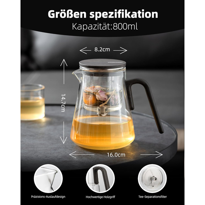 Чайник ZENS Magic з боросилікатного скла з ситом, 800 мл, з магнітним кришкою та ручкою з чорного горіха, для заварювання листового чаю