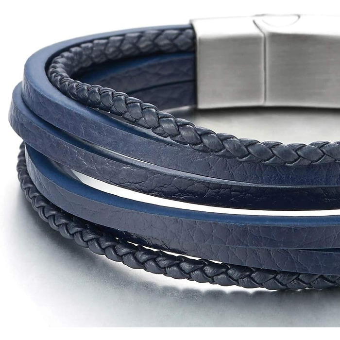 Чоловічий/Жіночий плетений браслет COOLSTEELANDBEYOND з натуральної шкіри Navy Blue, з нержавіючої сталі та магнітною застібкою