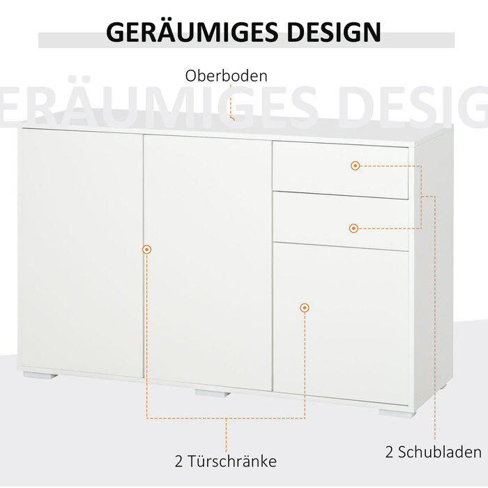 HOMCOM Sideboard White - Chest of Drawers with 2 Drawers & 3 Doors, Multi-Purpose Cabinet, File Cabinet, 117x36x74cm | Aosom