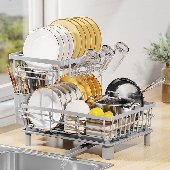 LIONONLY Dish Drying Rack, Small 2-Tier Dish Rack with Drip Tray, Stainless Steel Dish Drying Rack with Utensil Holder, Drink Holder and Swivel Spout, Dish Drying Stand Kitchen