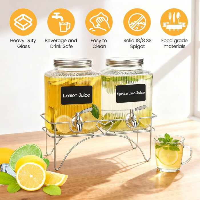 2 шт. диспенсер для напоїв на 4.5 л зі скляним краном, широка горловина, диспенсер для напоїв, підставка та нержавіюча сталь - для вечірок, коктейлів, соку, води та напоїв 4.5 л, 2 шт.