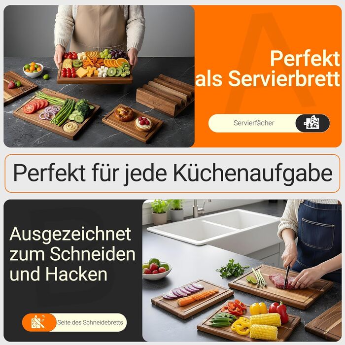 Набір дерев'яних обробних дощок – 4 шт. з акації, жировідштовхувальне покриття • Міцний, довговічний та стильний набір для кухні