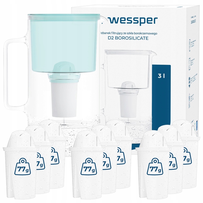 Скляний фільтр-кувшин Wessper D2 BOROSILICATE 3л, м'ятний + 10 фільтрів