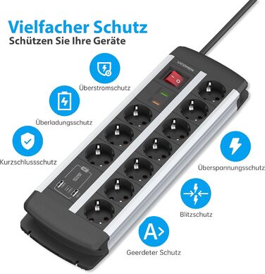 Мережевий фільтр на 10 розеток з USB-C PD 20W, захистом від перенапруги, вимикачем та можливістю настінного монтажу, кабель 1.5м, 16А, сертифікація TÜV/GS