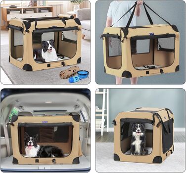 Транспортний бокс для тварин Petprsco з м'якими стінками, 3-дверний, складний, з ременями, для котів та собак, 81x58x58 см, бежевий