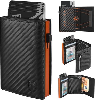 Чоловічий гаманець з RFID-захистом – портмоне з карбонової шкіри, 8 відділень для карток, віконце для ID, монетниця, кишеня для грошей, з подарунковою коробкою, чорно-помаранчевий