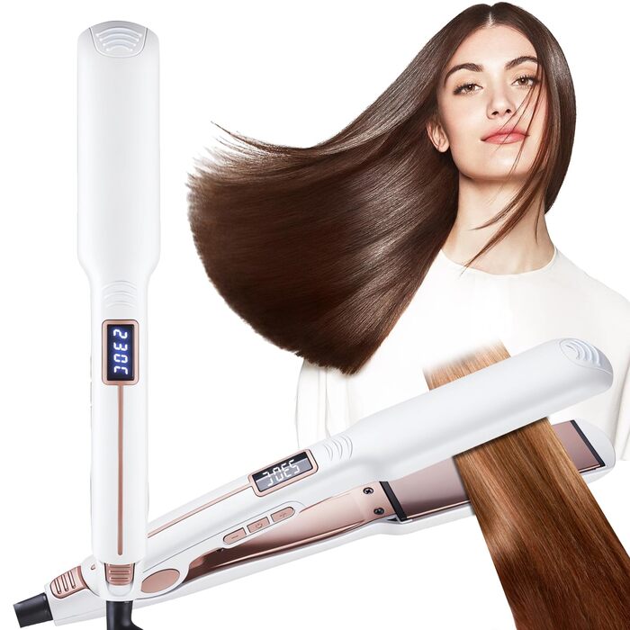 Випрямляч для волосся з іонізацією та титановими пластинами, професійний з LCD-дисплеєм, регулювання 100-230°C, швидкий нагрів за 10 сек, автовимкнення, для випрямлення, локонів та хвиль (білий)