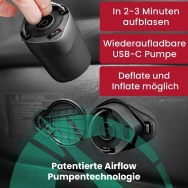 Надувне ліжко Aerios для 2 осіб з самонадувною системою | Преміум гостьове ліжко без кабелю живлення з інтегрованим USB-C насосом | Надувне ліжко, вибір розміру (Чорний, двоспальне)