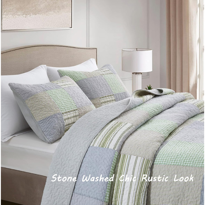 Комплект ковдр Chezmoi Collection Quinn: 3 шт. з квітковим візерунком гібіскуса, смугастий, з бавовни, легко переться – легка двостороння ковдра, розмір Queen (Плед Candy Patchwork Зелений Сірий)